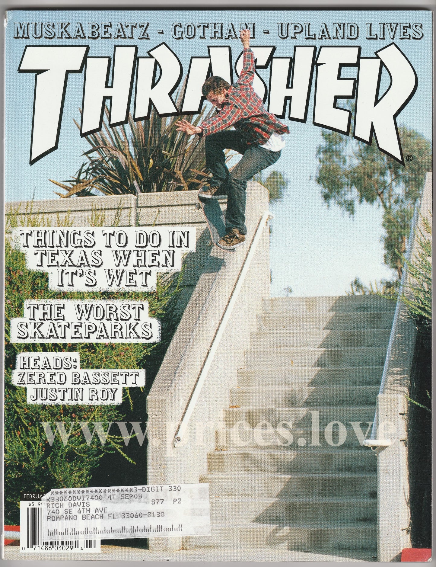 Thrasher Magazine February 2003 Muska Beatz Gotham Upland Lives Skateparks Skate