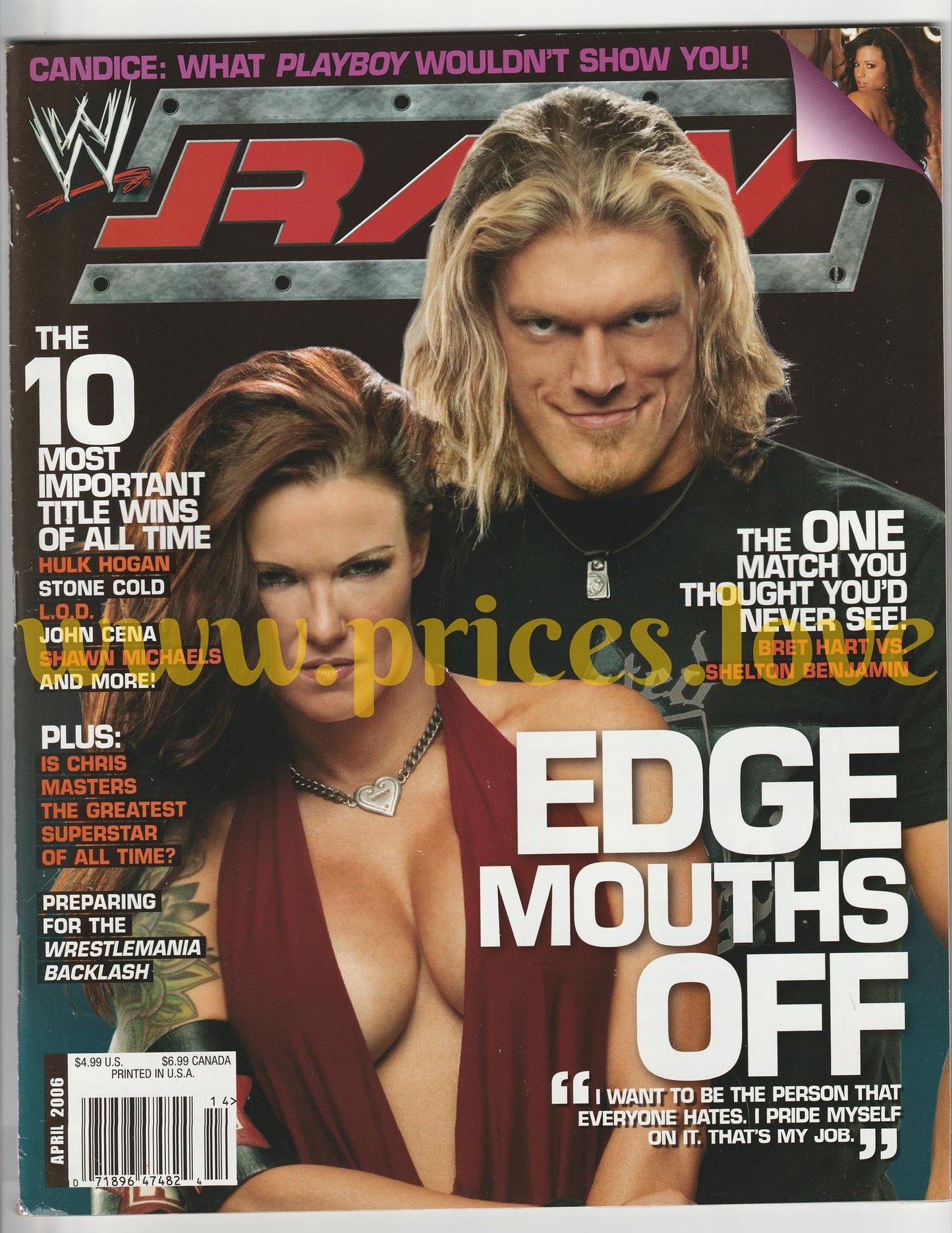 WWE RAW Wrestling Magazine April 2006 Edge POSTER Lita Candice John Cena LOD WWF