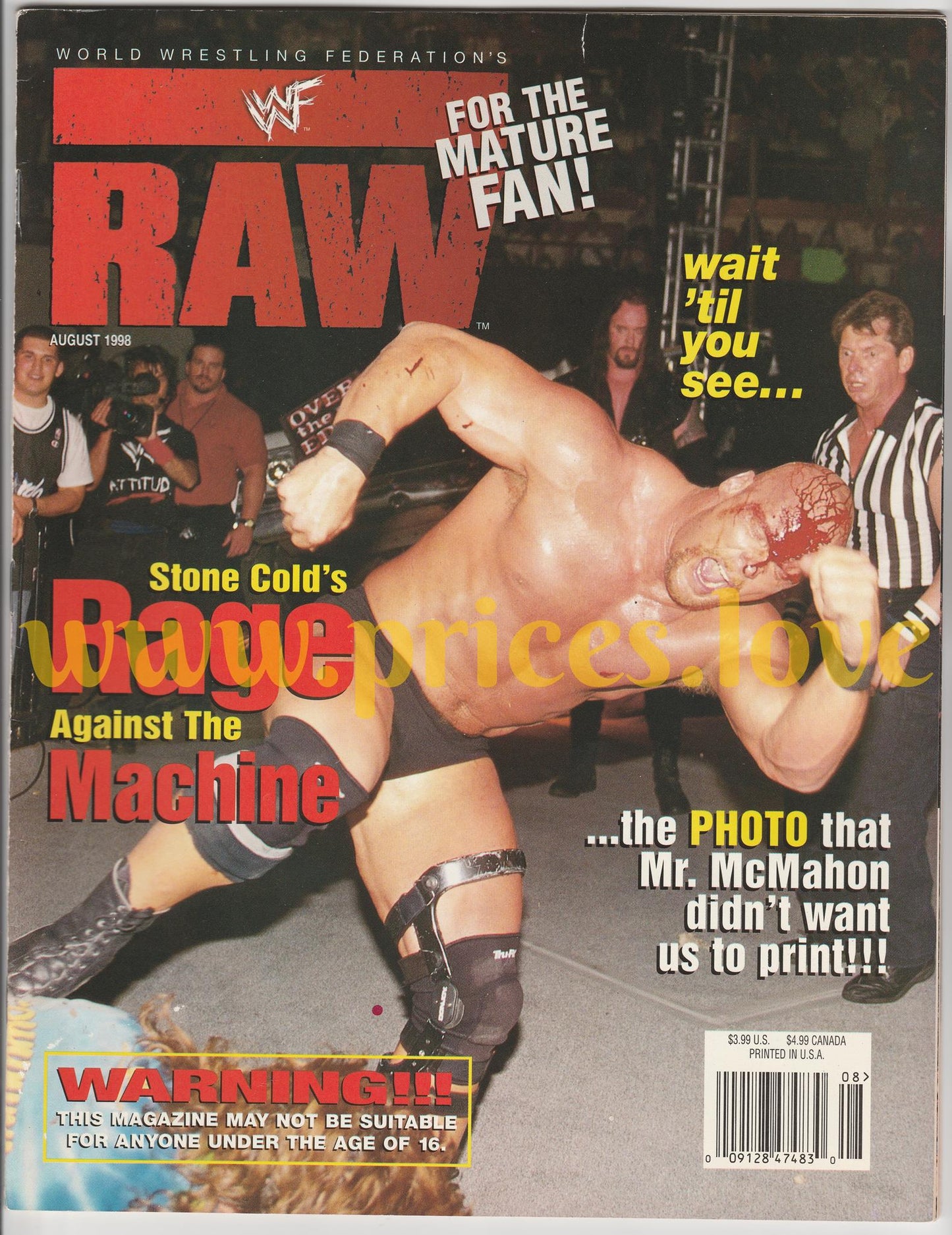 WWF RAW Wrestling Magazine August 1998 Steve Austin POSTER Jeff Jarrett Marc WWE