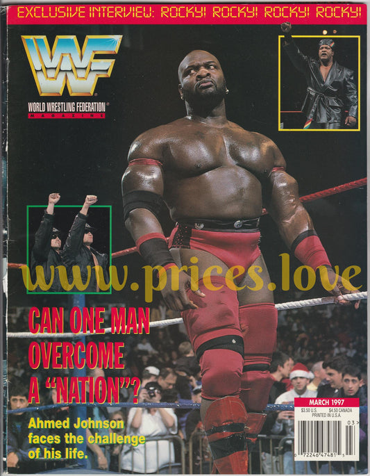 WWF Wrestling Magazine March 1997 Ahmed Johnson The Rock POSTER & CARDS WWE